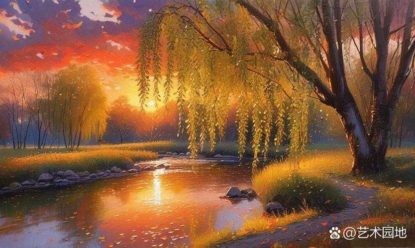 清溪鱼跃芳草绿 高树鸟鸣夕阳红美景